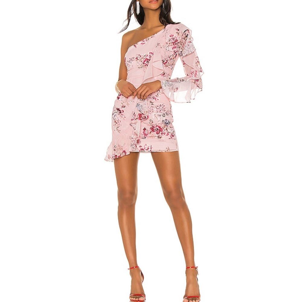 Michael Costello X Revolve Floral One Shoulder Long Sleeve Draped Ruffle Dress S